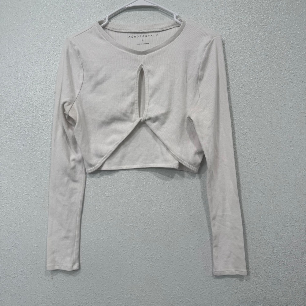 Aeropostale Womens Long Sleeve Ribbed Keyhole Cutout Crop Top Cream Large